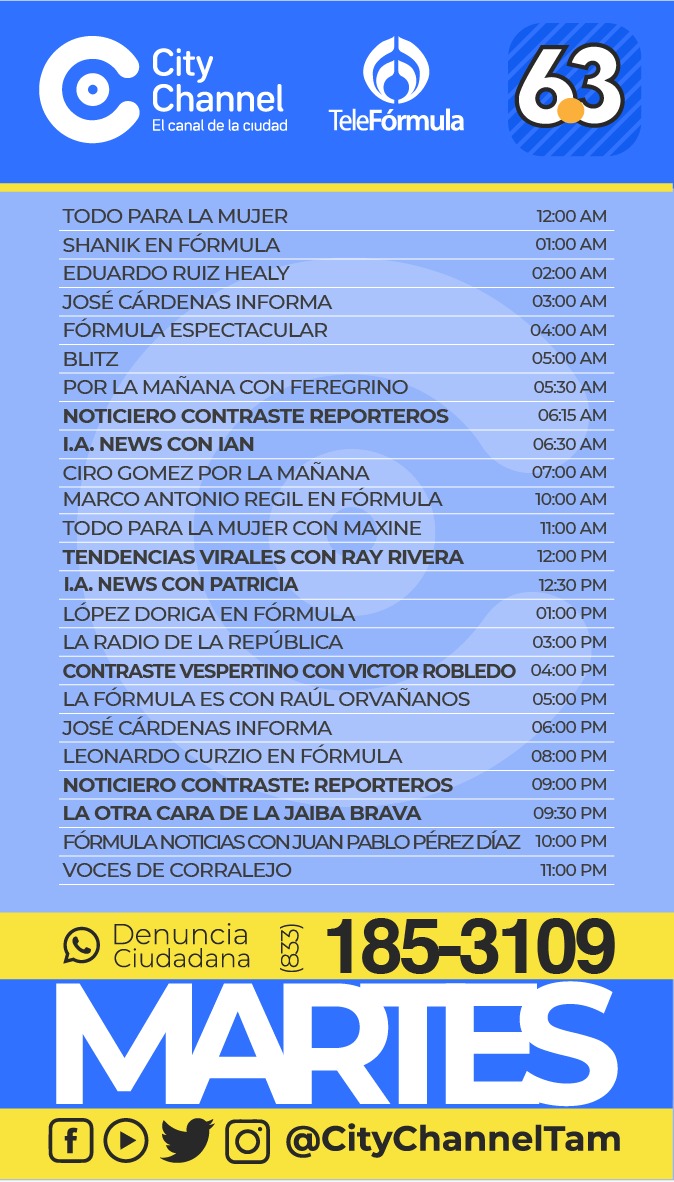 Citychannel_'s tweet image. 🔵Te compartimos nuestra programación para este Martes 27 de Enero

✅ 📡 Sintoniza nuestra señal a través de:
Facebook Live📱
Youtube:

📺6.3 TV abierta
📺Súper Cable canal 9
📺Cable Sur canal 28.5
📺Cable Pánuco canal 96
📺Canal 14 INBTEL
#CityChannel el canal de la ciudad.🟡