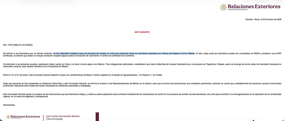 El consulado de México en Houston denuncia que oficinas del Registro Civil en nuestro país están expidiendo actas de nacimiento a ciudadanos cubanos, actas con las cuales pueden sacar su CURP, darse de alta en el padrón electoral con su respectiva credencial de elector y acto
