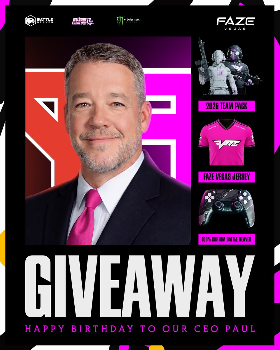 FaZe_Vegas's tweet image. 🎂 BIRTHDAY GIVEAWAY 🎂 

Today is our CEO Paul Hamilton's birthday, and we're throwing a special giveaway to celebrate.

- 2026 Team Hoodie or Jersey
- FaZe Team Pack Code
- 100% Free @BattleBeaver Discount Code
- Must follow @FaZe_Vegas @AevPaul
- Like and Repost
- Comment…