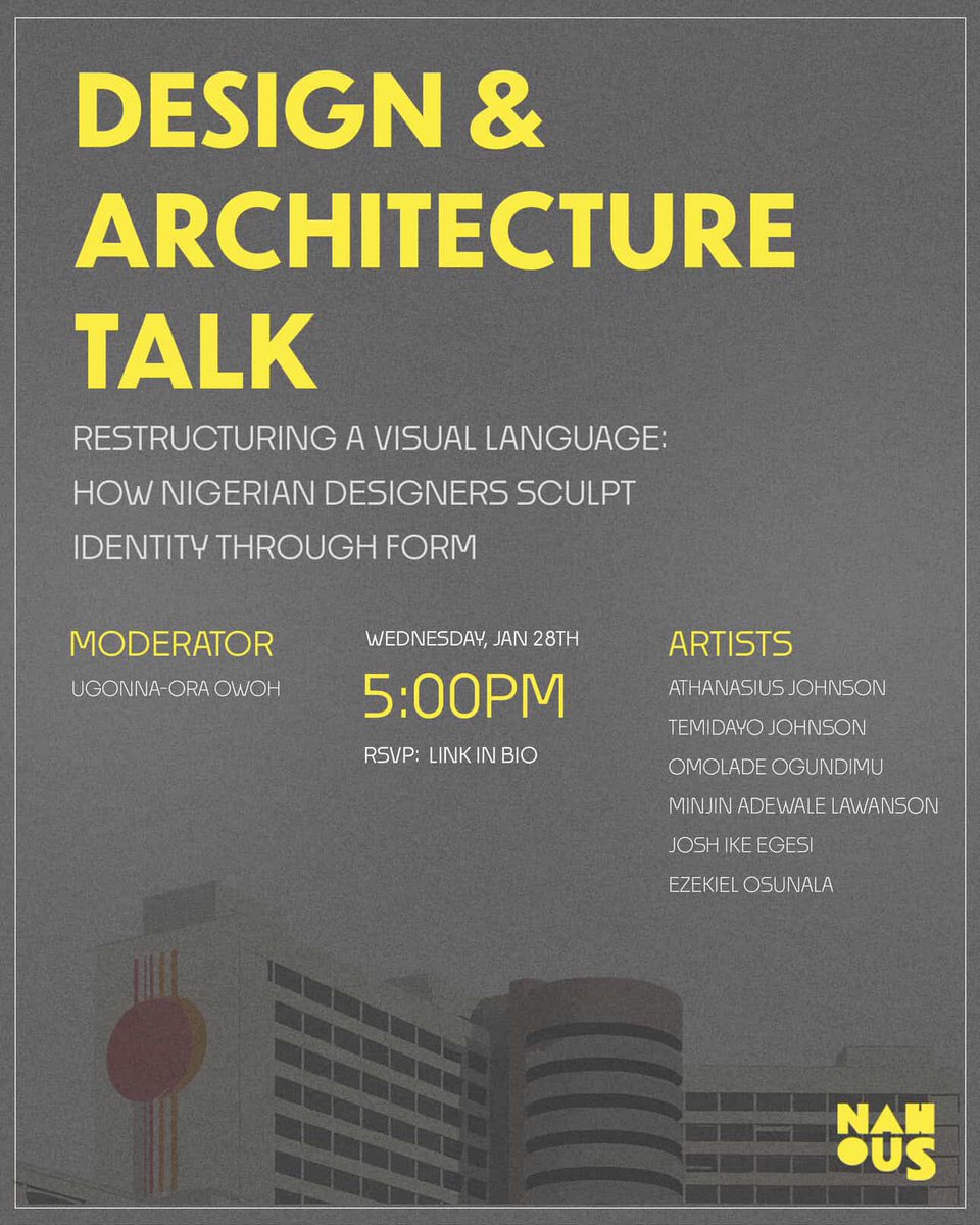 Will be talking on all things design next week Wednesday at NAHOUS Lagos at 5pm! First panel of the year, super excited. It’s open to all ❤️😊 RSVP via the link

docs.google.com/forms/d/e/1FAI…