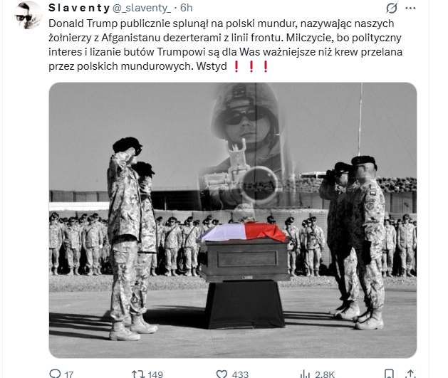 LechJerzy's tweet photo. @_slaventy_ Kto ci tłumaczył słowa wypowiedziane przez Trumpa? Nic tam nie było o Polskich żołnierzach a tym bardziej że byli "dezerterami z linii frontu" Wystarczy to co powiedział a twoje manipulacje  zachowaj dla siebie albo przypomnij Frasyniukowi co mówił o Polskich żołnierzach https://t.co/tzv3jj4rAF