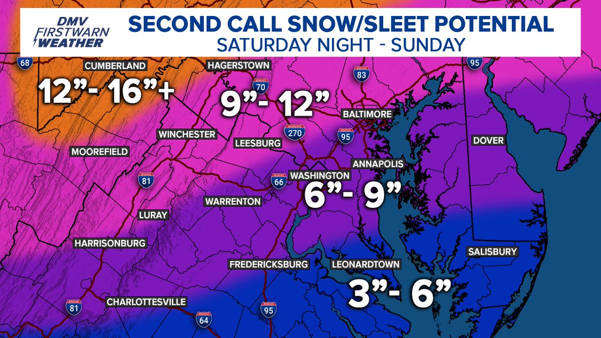 AdamMooreWX's tweet photo. Here is my second call map as well as an ice map since freezing rain has crept more north since yesterday. Minor tweaks to my first call as sleet may move earlier but still relaying the same risk... #vawx #dcwx #mdwx #snow #sleet #ice #winter #storm #WeatherAlert #weather https://t.co/rNtF1VdbbL