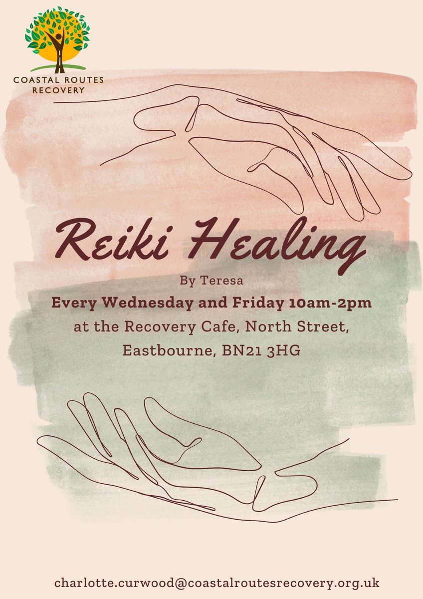RecoveryRoutes's tweet photo. We have these 2 great groups starting next week!
On Wednesday the 28th we have Reiki beginning at the Eastbourne Recovery Cafe and on Thursday the 29th our Hastings Women’s Recovery Group at Thrift House 🤗 https://t.co/kyjdC0eQyj