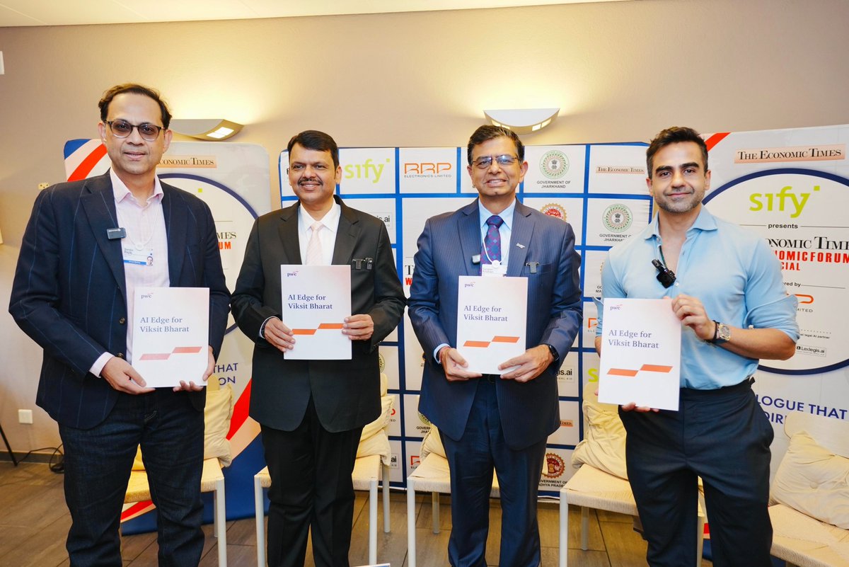 Dev_Fadnavis's tweet photo. Had a meaningful dialogue in 'The Economic Times' panel discussion at WEF 2026, Davos. Launched the PwC report ‘AI Edge for Viksit Bharat’ and shared perspectives on advancing inclusive AI adoption in Maharashtra by strengthening digital infrastructure, bridging access gaps, and accelerating ease-of-doing-business reforms. 

Emphasised the need for strong governance and accountability, along with public–private–civil society collaboration, to enable trusted and sustainable AI-driven growth.

Mr. Sanjeev Krishan, Chairperson, PwC India; Mr. Nikhil Kamath, Co-founder, Zerodha; and Mr. Sanjiv Bajaj, Chairman & MD, Bajaj Finserv Ltd, were also present.

��Davos, Switzerland.

@SanjeevKrishan_ @nikhilkamathcio @sanjivrbajaj @EconomicTimes @PwC_IN @wef
#WEF26 #MahaAtDavos