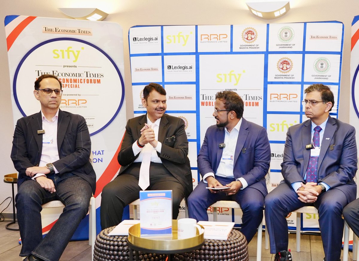 Dev_Fadnavis's tweet photo. Had a meaningful dialogue in 'The Economic Times' panel discussion at WEF 2026, Davos. Launched the PwC report ‘AI Edge for Viksit Bharat’ and shared perspectives on advancing inclusive AI adoption in Maharashtra by strengthening digital infrastructure, bridging access gaps, and accelerating ease-of-doing-business reforms. 

Emphasised the need for strong governance and accountability, along with public–private–civil society collaboration, to enable trusted and sustainable AI-driven growth.

Mr. Sanjeev Krishan, Chairperson, PwC India; Mr. Nikhil Kamath, Co-founder, Zerodha; and Mr. Sanjiv Bajaj, Chairman & MD, Bajaj Finserv Ltd, were also present.

��Davos, Switzerland.

@SanjeevKrishan_ @nikhilkamathcio @sanjivrbajaj @EconomicTimes @PwC_IN @wef
#WEF26 #MahaAtDavos