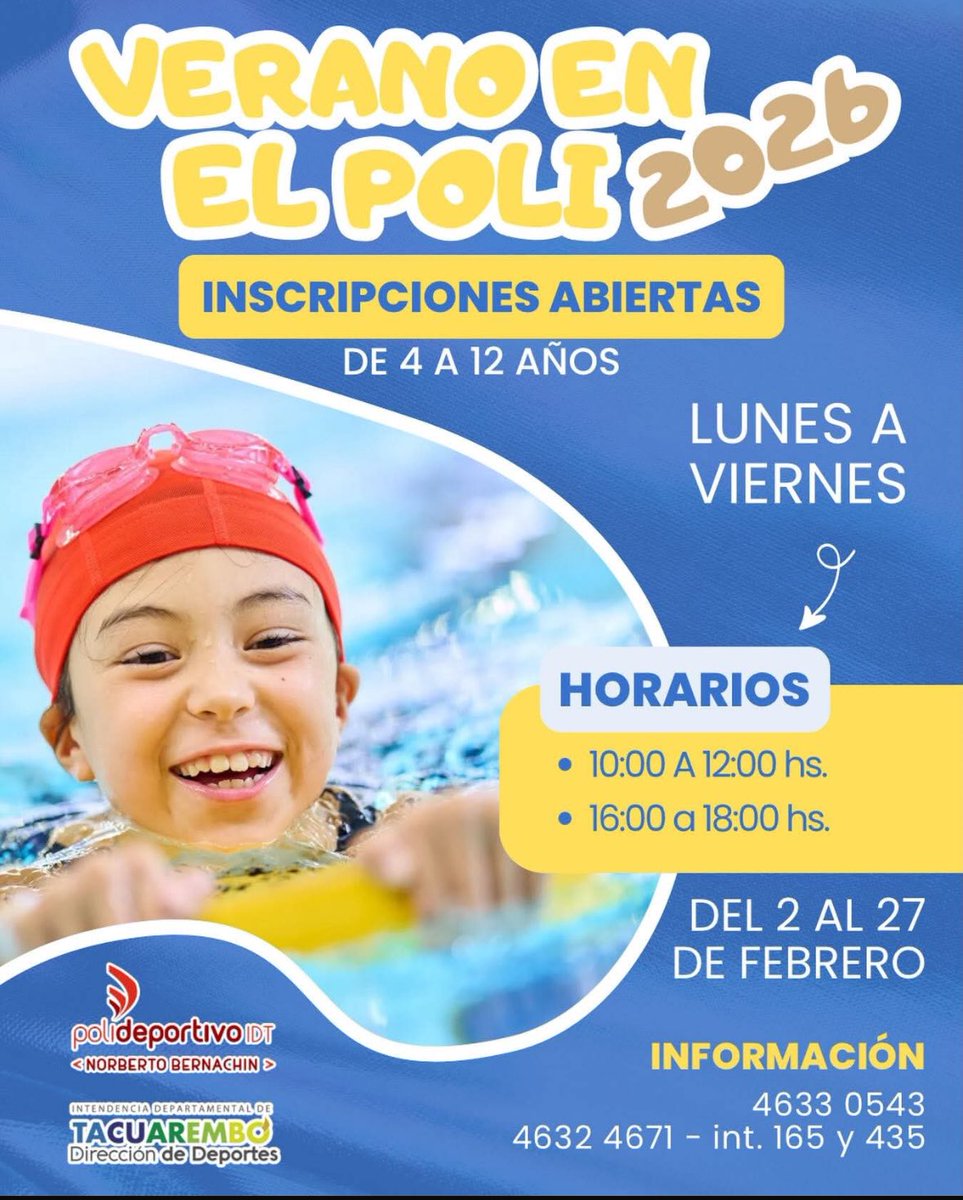 Inscripciones abiertas para Verano en el Polideportivo. Será del 2 al 27 de febrero en dos horarios: uno matutino y otro vespertino, dirigido a niños/as de entre 4 y 12 años de edad.
<a href="/IdTacuarembo/">Intendencia de Tacuarembó</a>