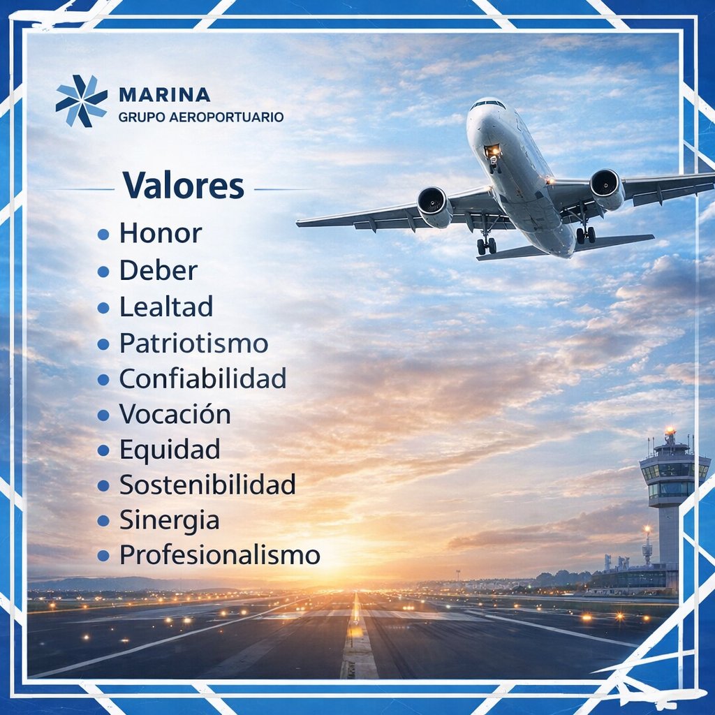 En #GrupoAeroportuarioMarina trabajamos con orgullo, guiados por los valores que nos distinguen y refuerzan nuestro compromiso con la seguridad y la eficiencia para fortalecer la conectividad aérea y contribuir al desarrollo del país. #AeropuertosMarina