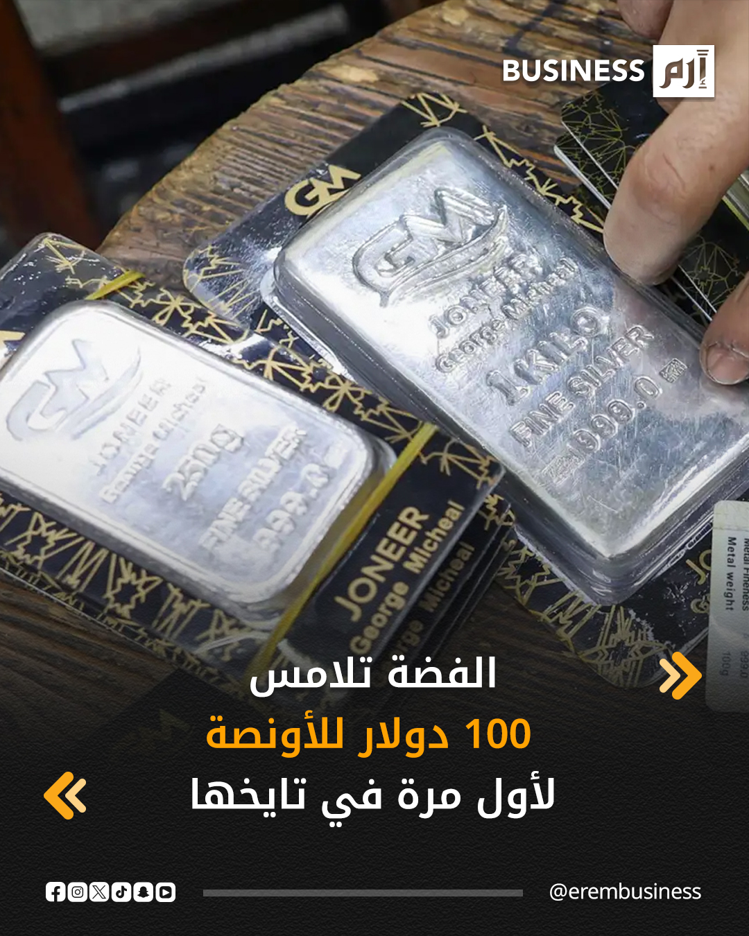 عاجل لأول مرة في تاريخها.. الفضة تلامس 100 دولار للأونصة. 