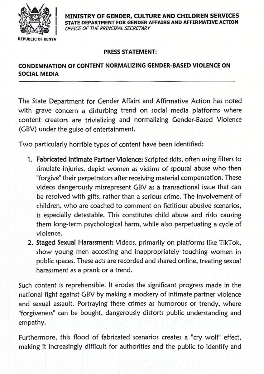 gender_ke's tweet image. #STATEMENT
CONDEMNATION OF CONTENT NORMALIZING GENDER-BASED VIOLENCE ON SOCIAL MEDIA