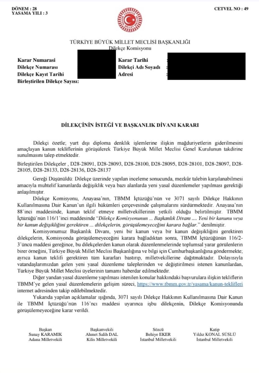 TBMM Dilekçe Komisyonu’na bir  dilekçe ile başvuru yaparak özetle; “Daha önce Türkiye Büyük Millet Meclisi’ne #DenklikSorunu ile ilgili sunulan kanun teklifleri var ve bu teklifler uzunca süredir Eğitim Komisyonu’nda bekliyor. Vatandaş olarak talebimiz bir an önce bu kanun