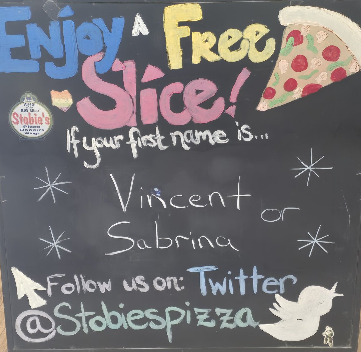 Enjoy a free🍕today if your first name is 🥁🥁🥁🥁 Vincent or Sabrina 
•
🍕
•
🍕

#Vincent #Sabrina #nameday #kingofthebigslice®️👑
#StobiesPizza

delivery starts at 11 AM 
Call 519-432-2228 or click or Uber Eats or DoorDash
☎️📲💻🍕🍗🌯🥟🥗🚗😍
🍕