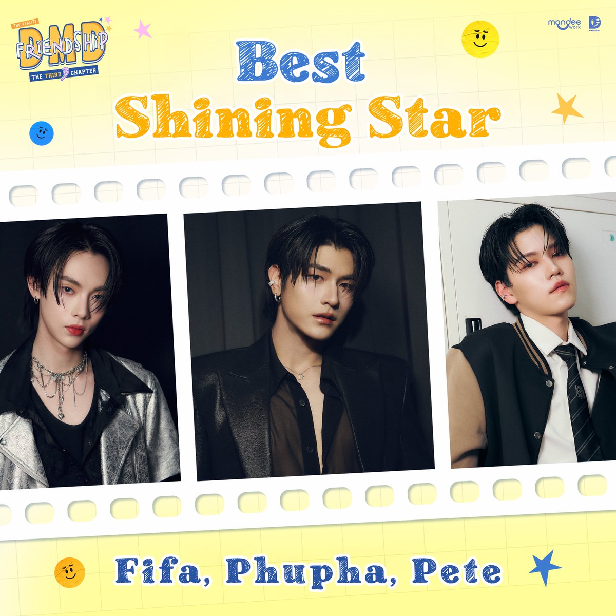 dmdfriendship's tweet image. 𝗕𝗲𝘀𝘁 𝗦𝗵𝗶𝗻𝗶𝗻𝗴 𝗦𝘁𝗮𝗿 ได้แก่ “ฟีฟ่า” @Fifa_thanut “ภูผา” @phuuulix และ “พีท” @pete_nvich 🌟

ขอแสดงความยินดีด้วยนะคะ 🏅

DMD FINAL STAGE
#DMDFriendshipSS3finalEP