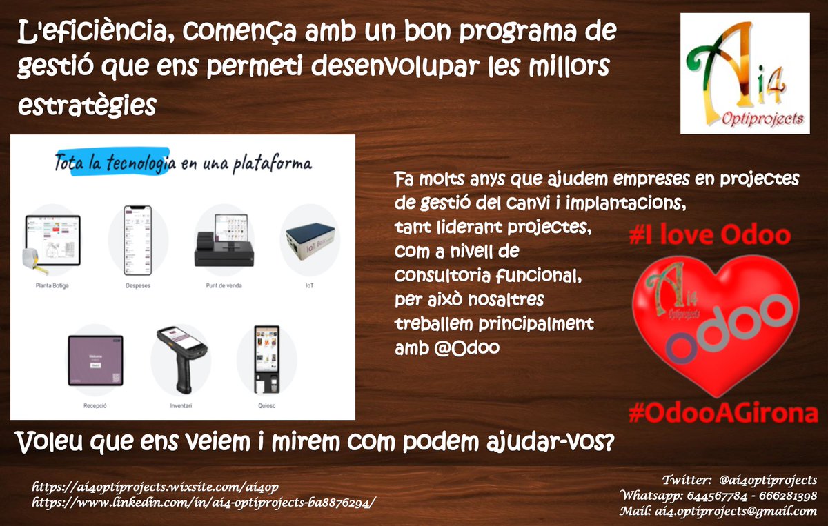 ai4optiprojects's tweet photo. #SolucionsAi4 per una gestió PROACTIVA, digital i eficient.
Optimització de la gestió operativa i la presa de decisions

#TransformacioDigital, #ERP #IntegracioMultiplataforma
#OdooAGirona https://t.co/Pk58jfbkWy