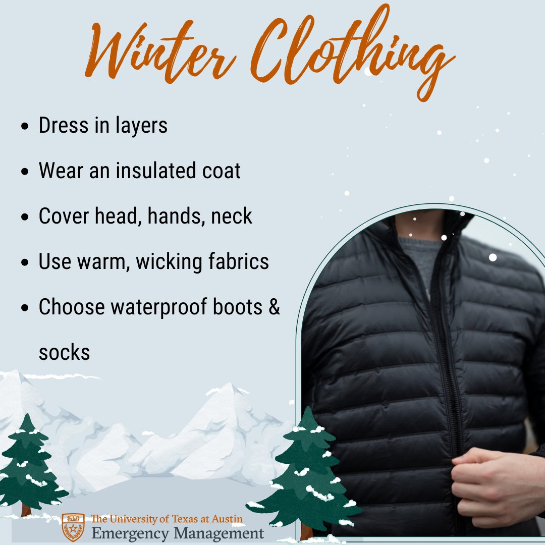 UTAustinOEM's tweet photo. ❄️ Cold Weather Alert ❄️
Below‑freezing temps expected this weekend. Stay warm:
• Dress in layers
• Wear an insulated coat
• Cover head, hands & neck
• Use warm, wicking fabrics
• Wear waterproof boots & socks
Stay safe & check on neighbors. 🧤🧥❄️
#UTReady #CampusSafety https://t.co/My8X0mcfjC