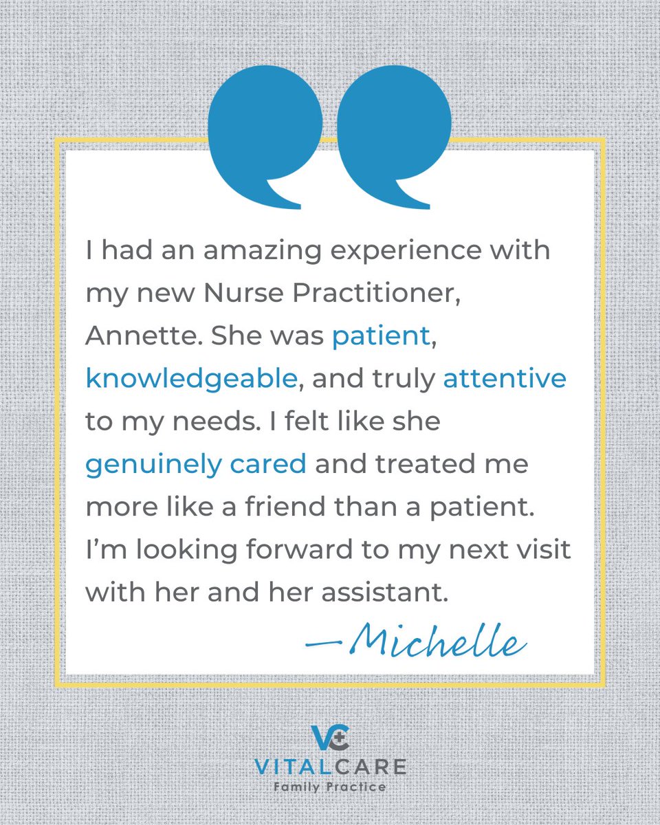 🤍 We love hearing feedback like this! Thank you for sharing your experience with Nurse Practitioner Antoinette. Our team is dedicated to providing compassionate, personalized care, and it means so much to know it made a difference. 🌟

#VitalCareFamilyPractice #KindWords