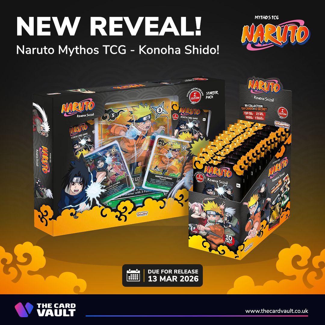 🚨 NEW REVEAL! 🚨

Naruto Mythos TCG! The first set - Konoha Shidō launches in March. Lead your village, master chakra, and begin the legend!

Pre-order: buff.ly/crivHLw
Blog Post: buff.ly/6D18WVm

#TheCardVault #Naruto #NarutoMythos #KonohaShido #NarutoMythosTCG