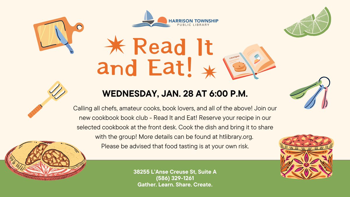 Read It and Eat will return next Wednesday, January 28th at 6:00 p.m.! 🥗🍜
Reserve a recipe from the selected cookbook at the front desk beforehand. Then, cook the dish and bring it to share! Don't forget to bring your appetite... There will be plenty of food to go around!