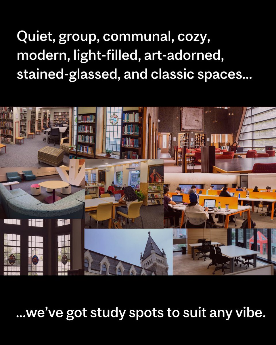 McGillLib's tweet photo. 📍Quiet, group, communal, cozy, modern, light-filled, art-adorned, stained-glassed, and classic spaces - we’ve got study spots to suit any vibe. ❤️
https://t.co/vyfA02ojQb 
#McGillLibOrientation https://t.co/8xBbmyLroR