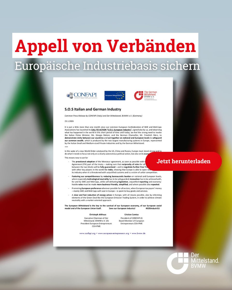 MittelstandBVMW's tweet photo. Gemeinsamer Appell🚨Zusammen mit @CeaPme &amp; @Confapi wendet sich der #BVMW an die #BReg, #eupolitik sowie an @GiorgiaMeloni | Ministerpräsidentin Italiens. Es geht u.a. um das Mercosur-Abkommen &amp; die Sicherung der industriellen Basis Europas. Zum Appel 👉 https://t.co/w34VDfNvis https://t.co/HsjKWjuijR