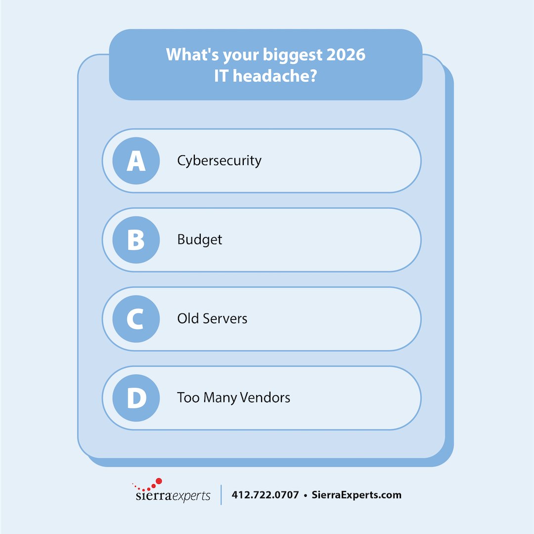 SierraExperts's tweet image. What's your biggest 2026 IT headache? A) Cybersecurity B) Budget C) Old servers D) Too many vendors  #ServerIssues #Poll #BusinessGoals
