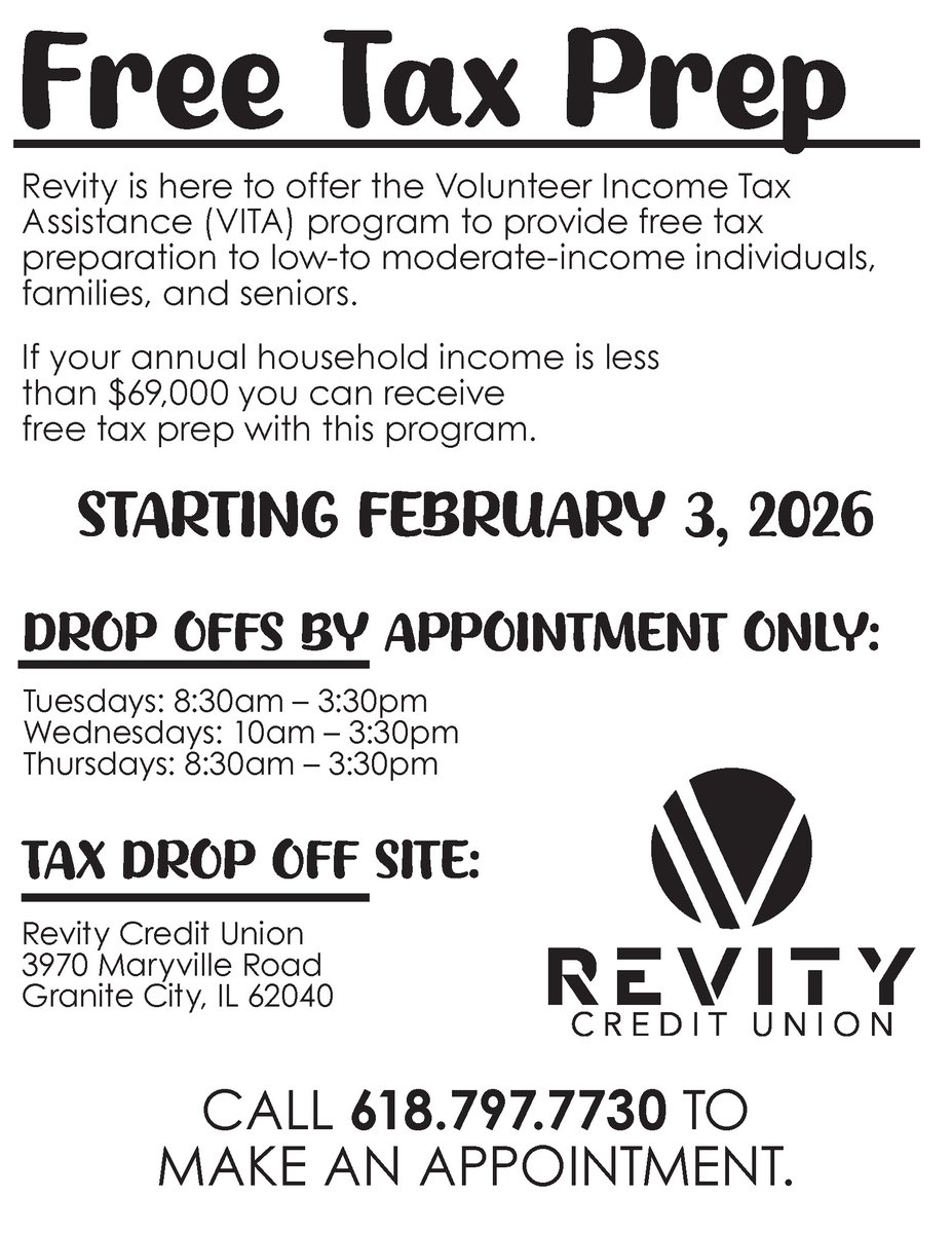 Revity_CU's tweet image. Save the Date -  Free Tax Prep starts February 3rd!
Call 618.797.7730 to make an appointment.