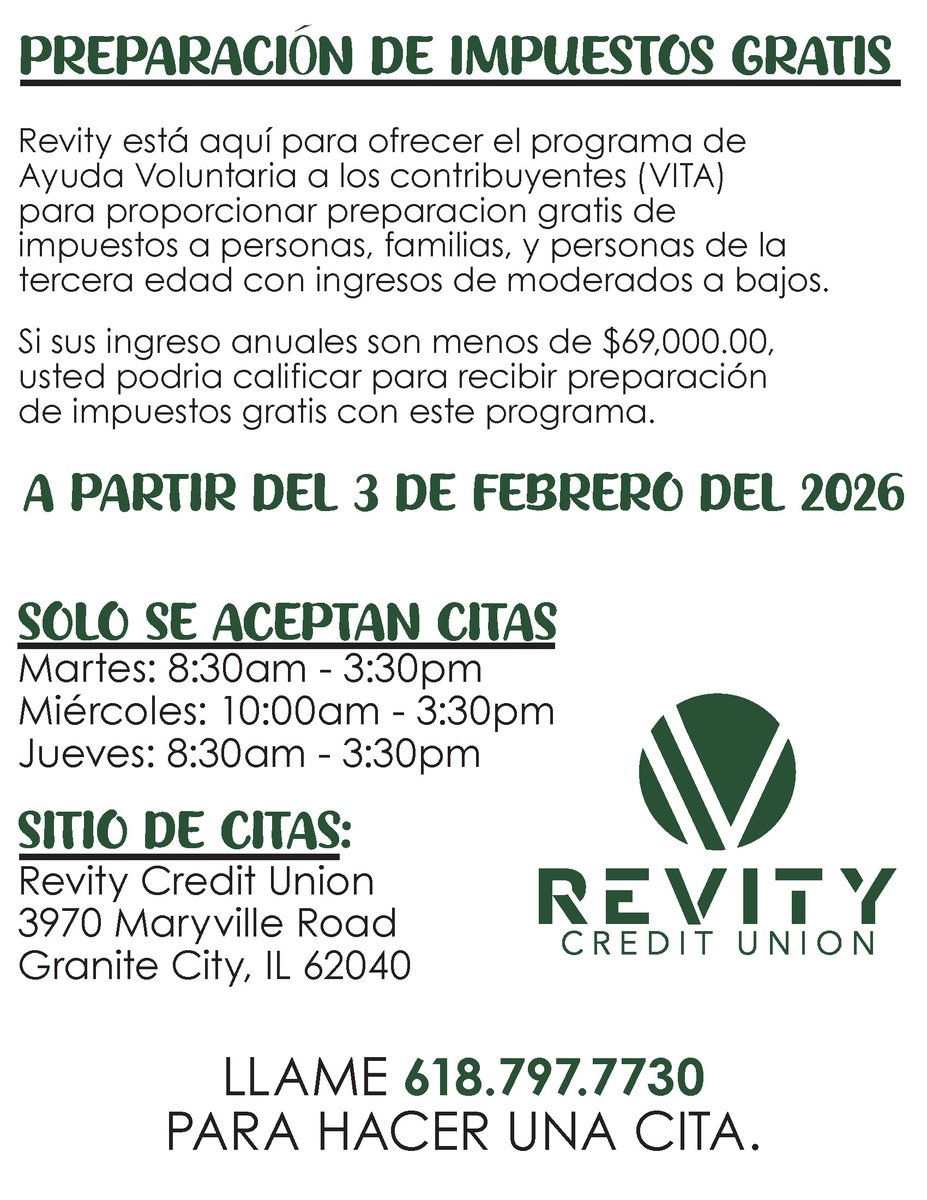 Revity_CU's tweet image. Save the Date -  Free Tax Prep starts February 3rd!
Call 618.797.7730 to make an appointment.