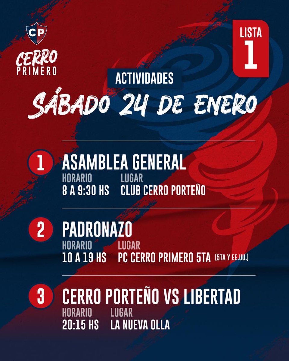 📅 Sábado 24
Asamblea, Padronazo y Partido
Un día para participar y alentar.

#CerroPrimero