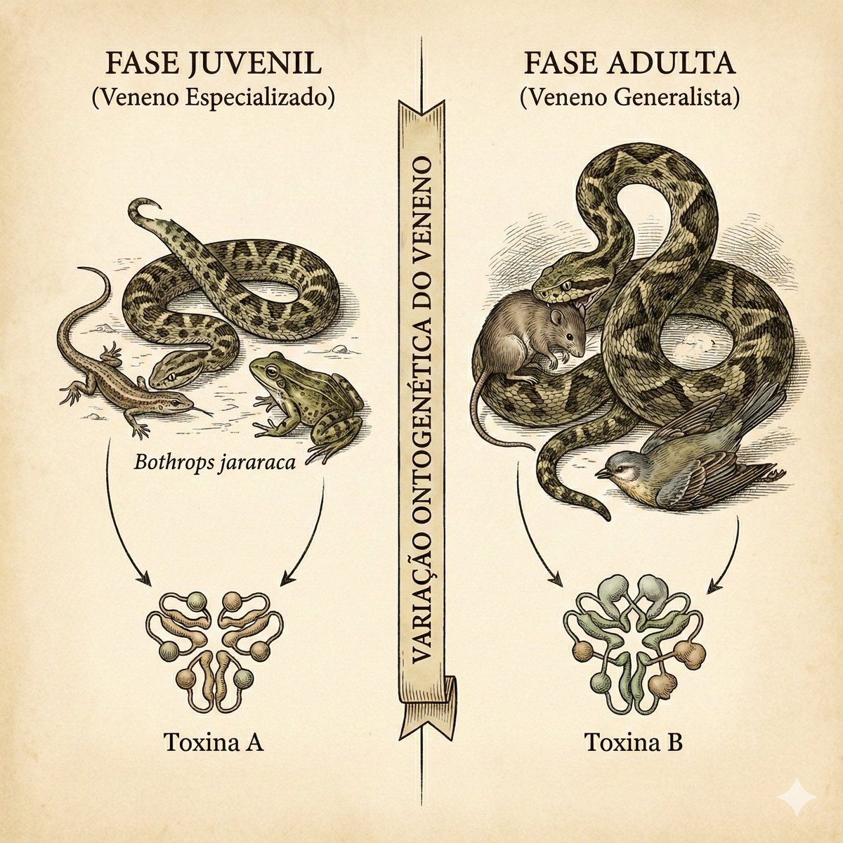 papodecobra's tweet photo. Por que o veneno do filhote não é igual ao do adulto?

Existe um mito popular perigoso que diz que "veneno de filhote é mais forte porque ele não controla a injeção". A ciência mostra que a realidade é muito mais complexa e fascinante: o veneno não é apenas uma questão de quantidade, mas de composição qualitativa.

Em muitas espécies, o veneno de um recém-nascido é quimicamente distinta da de seus pais, funcionando como um "coquetel" diferente desenhado pela evolução para abater presas completamente diferentes. 

Esse fenômeno, chamado de variação ontogenética, é uma resposta direta às mudanças na dieta que ocorrem ao longo da vida da serpente.

Para entender isso, vamos ver como ocorre nas jararacas (Bothrops jararaca) Quando jovens, essas serpentes são pequenas e incapazes de engolir um rato; elas se alimentam de animais ectotérmicos (no ensino fundamental a gente chama de “sangue frio”), como pequenos lagartos, rãs ou até lacraias.

Para paralisar instantaneamente um lagarto ágil, o veneno do filhote muitas vezes é rico em componentes neurotóxicos ou anticoagulantes específicos. À medida que a serpente cresce e ganha massa muscular, ela passa a caçar mamíferos ou aves (endotérmicos ou “sangue quente” na linguagem popular).

Nesse ponto, seus genes "ligam" a produção de toxinas diferentes, mais voltadas para a digestão de tecidos (proteolíticas) e hemorragia, necessárias para lidar com presas maiores e mais complexas.

Um estudo marcante de Cipriani et al. (2017), mapeou essa transição química e provou que não é aleatória. Eles demonstraram que a mudança no perfil das toxinas acompanha quase perfeitamente a mudança no tamanho da boca e na preferência alimentar.

Quer outro exemplo? 

Na Jararaca-ilhoa (Bothrops insularis), endêmica da Ilha da Queimada Grande em SP, isso é vital: os filhotes comem invertebrados e precisam de um veneno que funcione neles, enquanto os adultos, que emboscam aves migratórias nas árvores, precisam de um veneno de ação fulminante para impedir que a ave voe e morra no mar, longe do alcance da cobra.

Mas o que isso interfere para mim ? 

Temos uma implicação seríssima e muitas vezes ignorada, meu caro leitor.

Os acidentes causados por filhotes de jararacas causam mais hemorragia que necrose (perda de tecidos), enquanto acidentes causados por jararacas adultas causam mais necrose e menos hemorragia. 

Isso é um dado fundamental para o médico poder avaliar o tamanho do animal e a gravidade do acidente.

Gostou? Compartilha
#papodecobra #serpentes #biologia #snakes 

Referencias
Cipriani, V., Debono, J., Goldenberg, J., Jackson, T. N., Arbuckle, K., ... & Fry, B. G. (2017). Correlation between ontogenetic dietary shifts and venom variation in Australian brown snakes (Pseudonaja). Comparative Biochemistry and Physiology Part C: Toxicology & Pharmacology, 197, 53-60.

Zelanis, A., Andrade, D. V., Rocha, M. M., Furtado, M. F., ... & Ho, P. L. (2010). A proteomic view of the venom ontogeny of the jararaca snake (Bothrops jararaca). Journal of Proteomics, 73(11), 2278-2292.