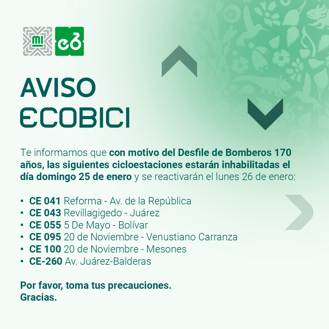 ecobici's tweet photo. AVISO ECOBICI
#MovilidadCDMX https://t.co/jjHYoYkdw5