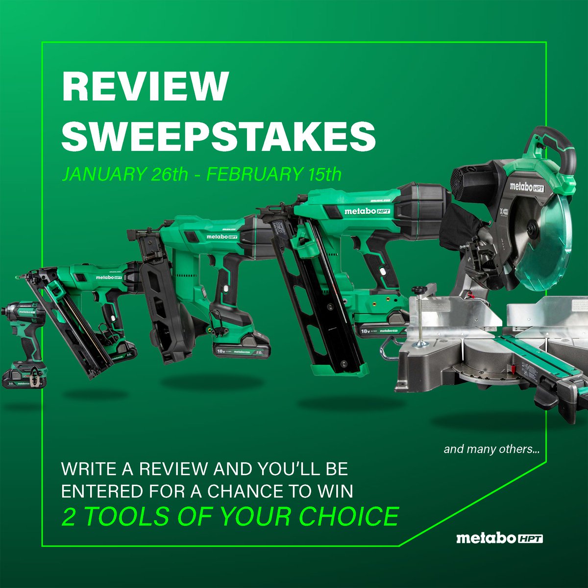 MetaboHPT's tweet photo. The Metabo HPT Review Sweepstakes are back.

From Jan 26 to Feb 15, leave a review on any Metabo HPT tool or accessory and you’re automatically entered to win two tools of your choice, plus bonus swag.

One winner each week. Three chances to win.

#MetaboHPT #ReviewSweepstakes https://t.co/8Eqeyr9IDU