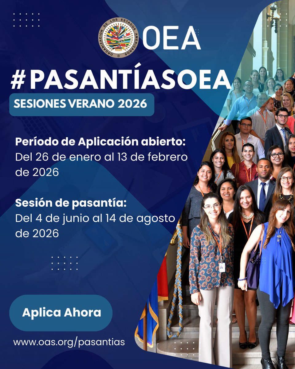 📢 ¿Quieres hacer una #PasantíasOEA?
⏳ ¡El periodo de aplicación abre pronto!
🌐 Verano 2026 en Washington, DC y Sesión II en Oficinas de Estados Miembros.
Requisitos 👉 bit.ly/PasantiasOEA
🗓️ Sesión: 4 de junio - 14 de agosto, 2026
✨ ¡No te pierdas esta oportunidad!