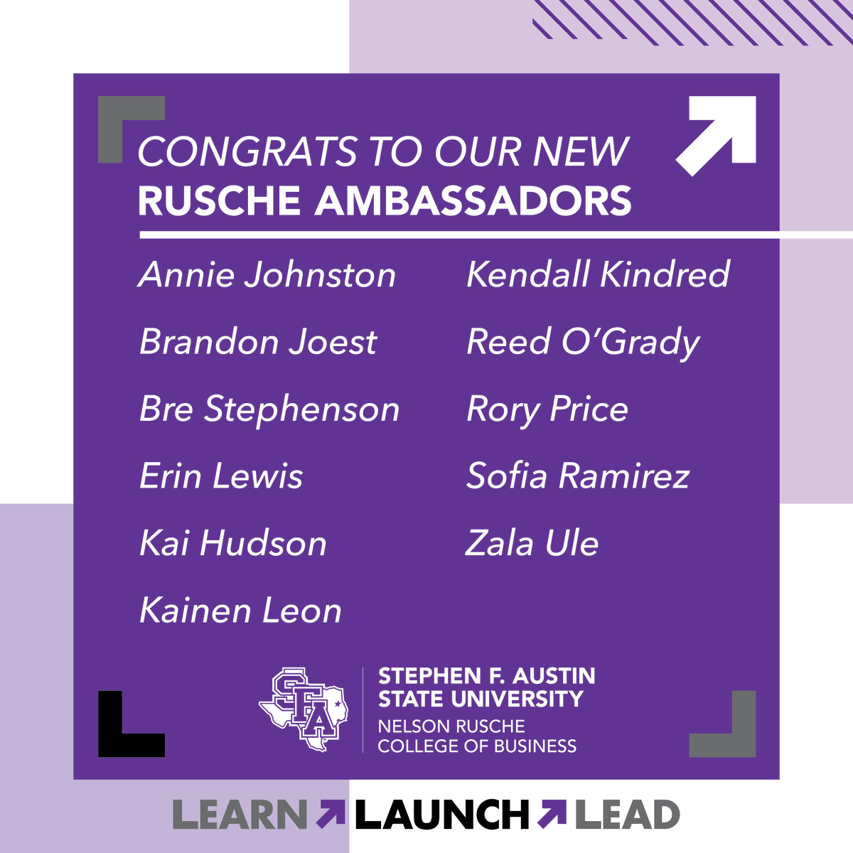 RuscheBusiness's tweet image. Please help us congratulate our inaugural group of Rusche Ambassadors! These student leaders will represent the Rusche College of Business by giving tours, supporting recruitment events, and sharing what it’s like to be a business student at SFA.
#SFA #Rusche #ExperienceBusiness