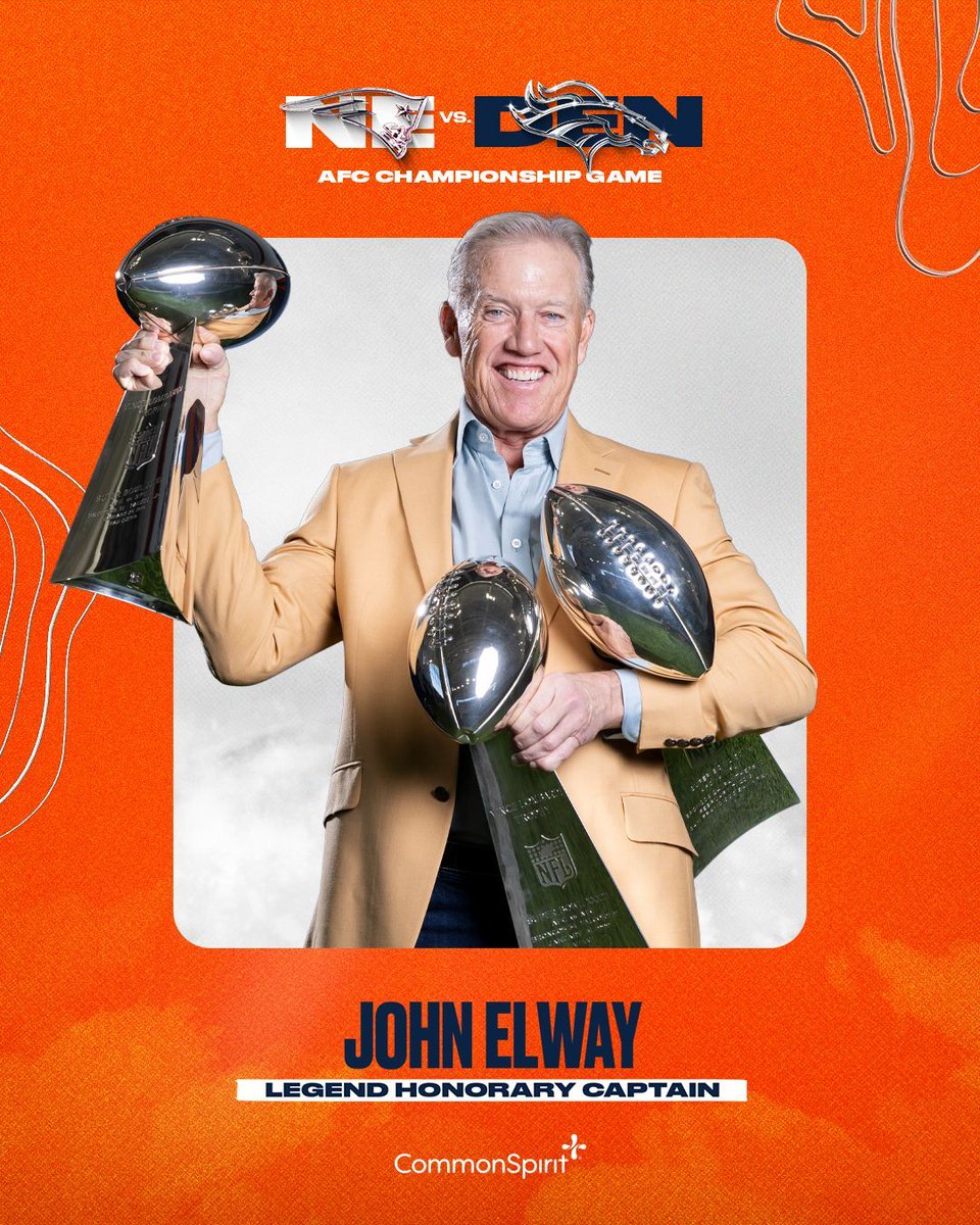 Broncos's tweet image. The Duke is our Honorary Captain for the AFC Championship Game. 🐐

@johnelway x #ClimbHigher