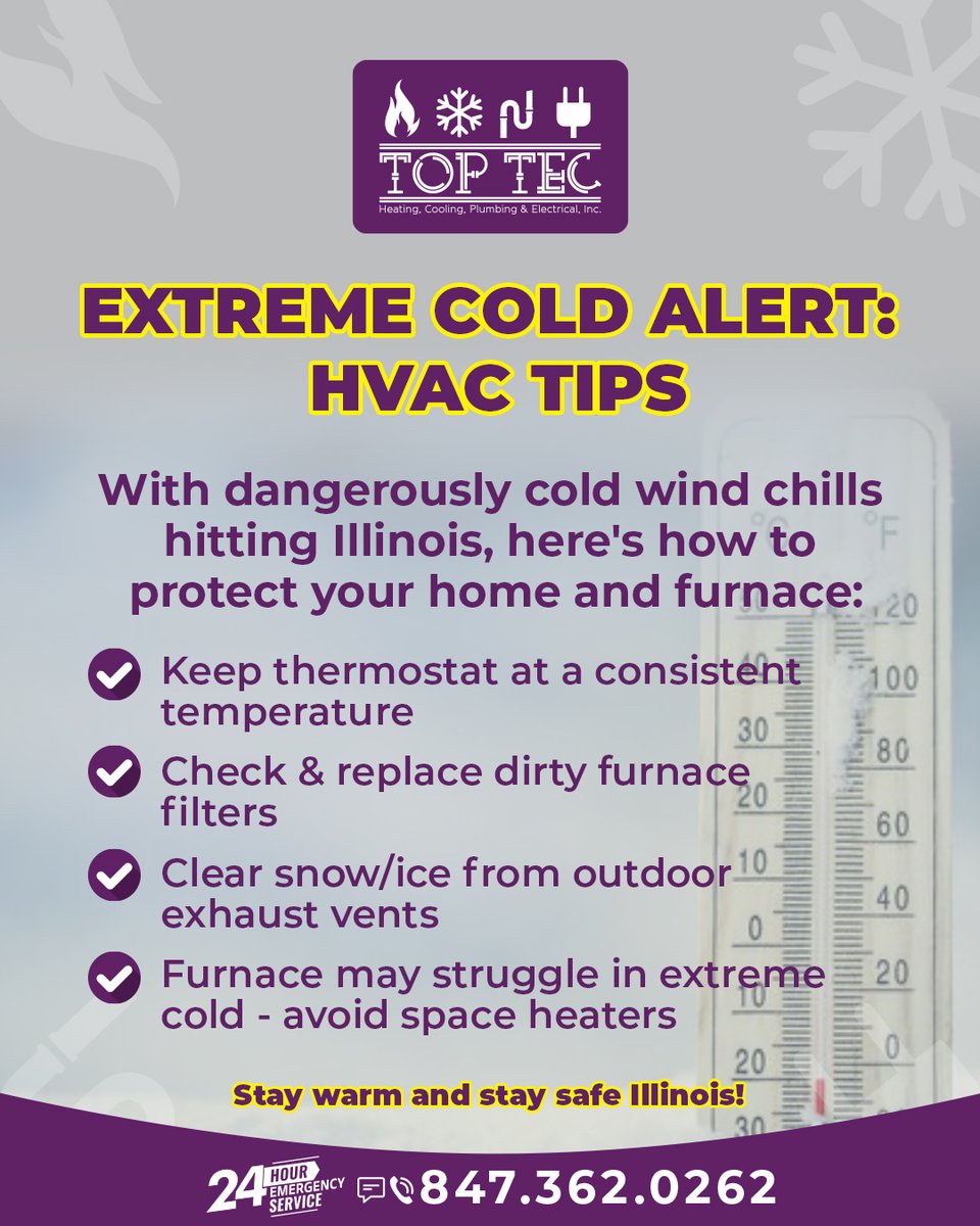 ToptecI's tweet image. EXTREME COLD ALERT for Illinois is in effect TODAY!

Wind chills are dangerously low – here's how to protect your home and furnace.

Stay inside, stay warm, and stay safe Illinois!

#TOPTEC #ExtremeColdAlert #IllinoisWeather #HVACTips #StayWarm #FurnaceTips #ChicagoWinter