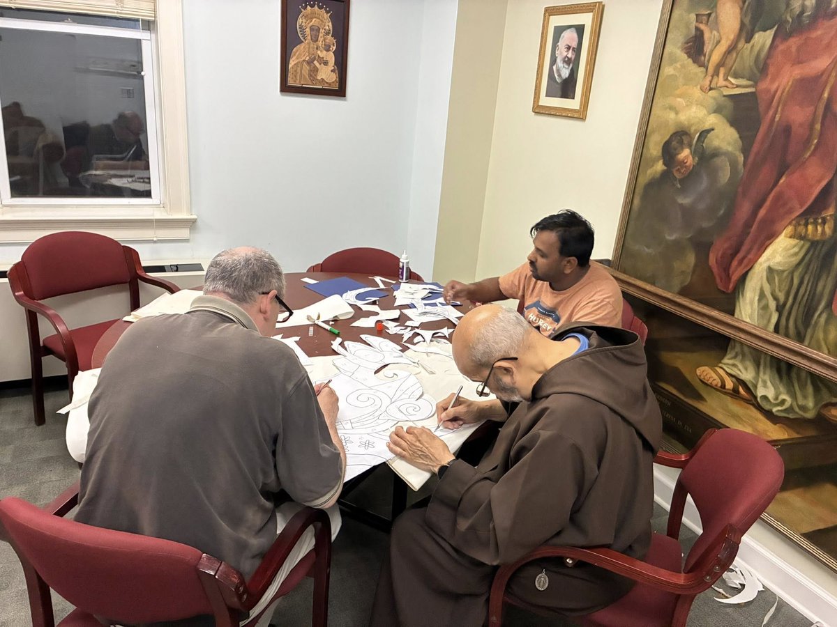 Br. Roy, the guardian at St. Lawrence Friary in Beacon, NY, asked some friars to help him with a drawing.  Each were given some pieces to color, not knowing what they were making.  When all were finished he pieced them all together.  And the final product: St. Francis of Assisi.