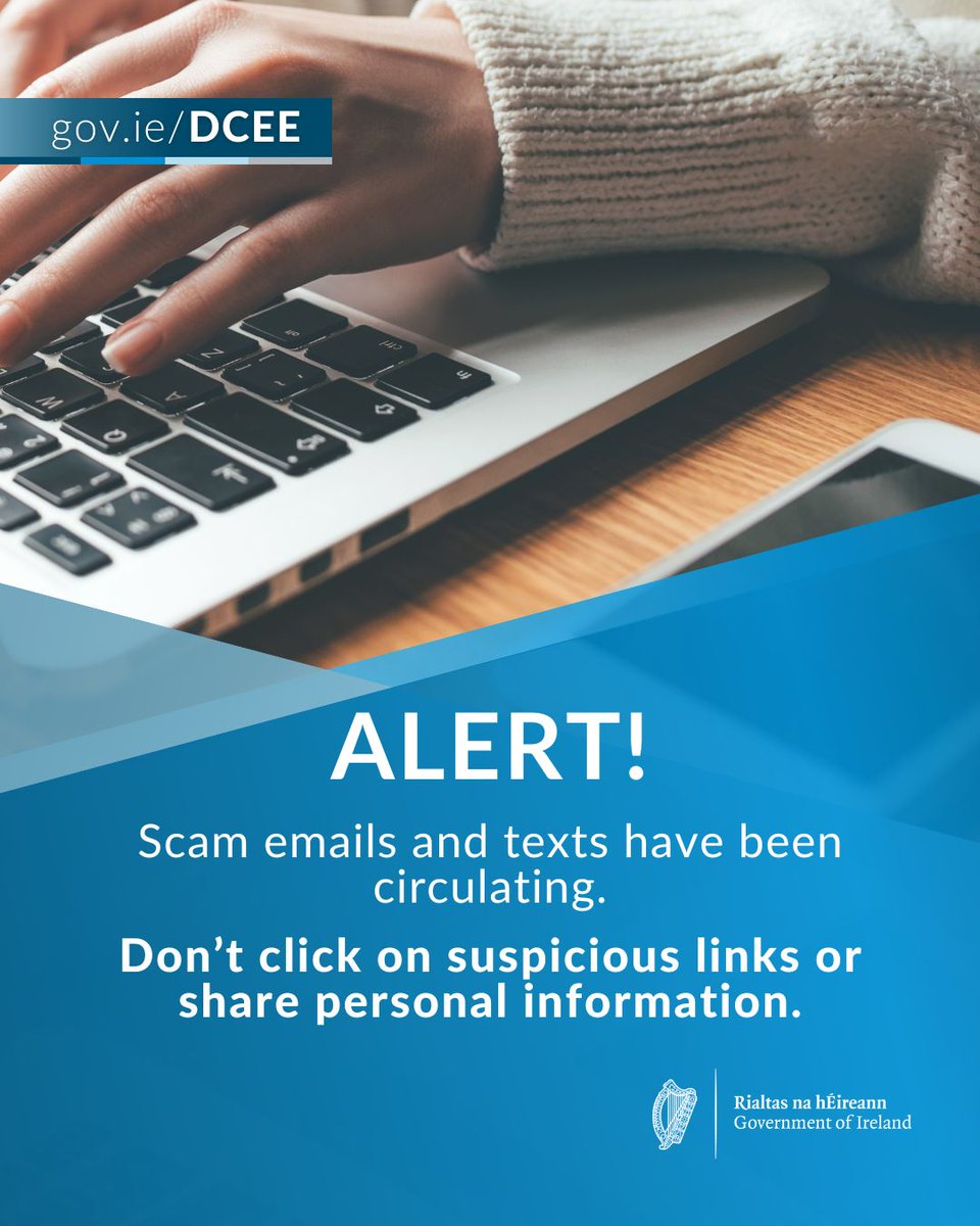 DeptCEE's tweet image. 🚨 We are aware of a text message and email scam claiming to be from gov.ie about an energy support scheme.
If you receive such a text or email:
⚠️ Do not engage
⚠️ Do not share any personal information

#ThinkBeforeYouClick