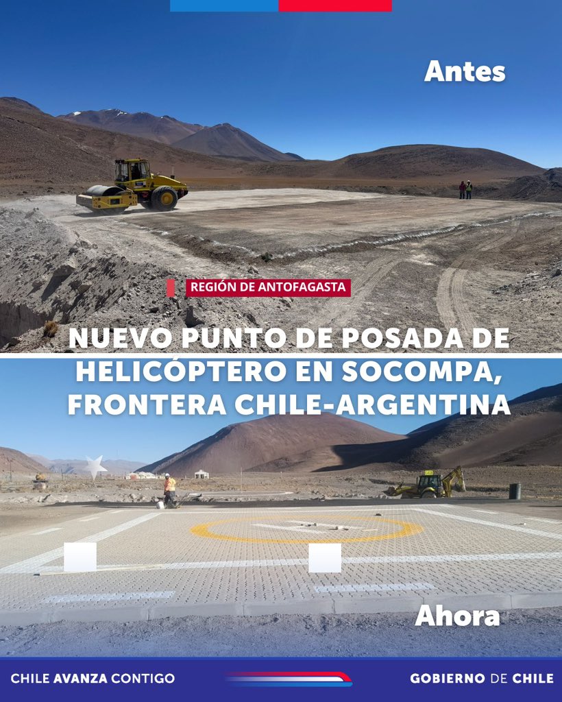 MOPAntofagasta's tweet photo. ¡Avanzamos en conectividad aérea! 🚁
El Ministerio de Obras Públicas, a través de su Dir. De Aeropuertos, finalizó las obras de conservación del Punto de Posada de Helicópteros en #Socompa, sector fronterizo que une las comunas de #Antofagasta desde Chile y #Salta desde Argentina.
La iniciativa tuvo una inversión de 700 millones de pesos y permitirá:
🔹Mayor conectividad.
🔹Rapidez de respuesta ante desastres naturales
🔹Rescates aeromédicos
🔹Resguardo de la frontera.
🚨La nueva infraestructura aérea será utiliza, principalmente por Carabineros de Chile, ya que se complementa con el retén ubicado en dicha localidad.