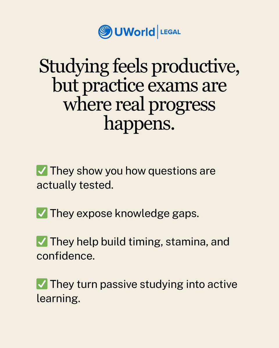UWorldLegal's tweet photo. If you’re avoiding practice exams, this is your sign!

UWorld's MBE® QBank practice tests faithfully replicate the real exam with thousands of updated questions that have either been licensed by the National Conference of Bar Examiners (NCBE®) or written by our team of in-house legal experts to match the current style and format of the Multistate Bar Exam (MBE). 

Check out our free trial with the link in our bio!