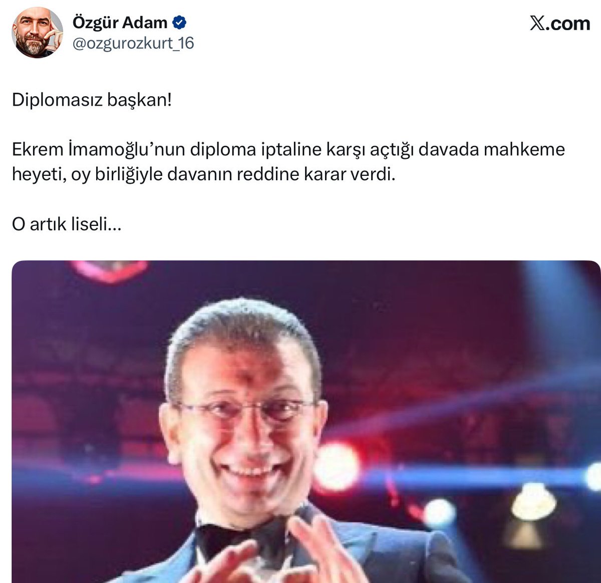 ✳️ İmamoğlu’nun açtığı “diploma iptal” davası Mahkemece oybirliğiyle reddedildi…
✳️ O artık lise diplomalı tutuklu bir sanık.
✳️ Lise diploması bile şüpheli yorumları yapılıyor…