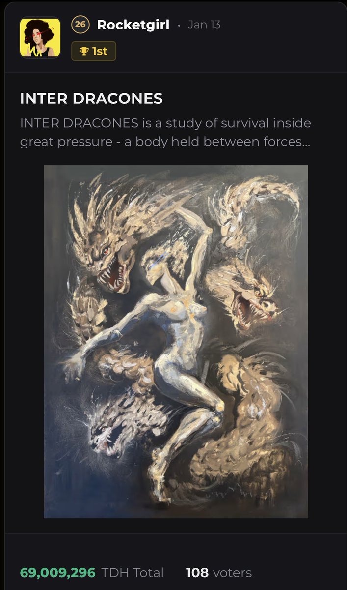 Oh fuck

My grand plan to create one of the best paintings of my life and sneak it into the memes has worked

Truly, madly, crazy honoured that the network decided to vote for INTER DRACONES

The best part? It ended with 69 million votes 🐉🐉

Mint is on Monday <a href="/6529Collections/">6529 Collections</a>