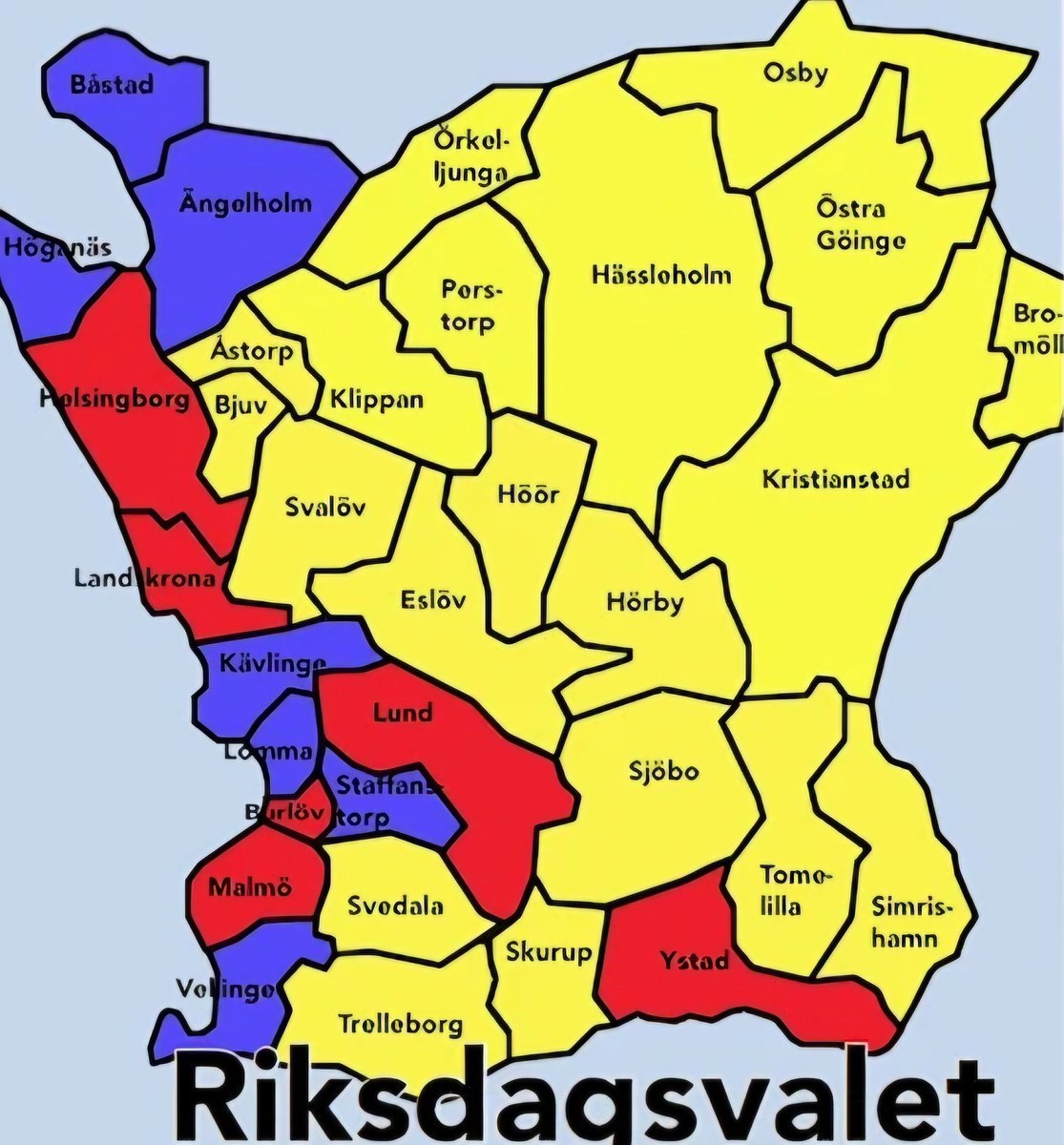 Centerpartiets ledare Elisabeth Thand Ringqvist anser att Sverigedemokraterna är ett stadsparti. 
Grafiken nedan, de gula valkretsarna är där SD är störst i Skåne. 
Jag undrar varför dessa vänsterkvinnor går ut med direkta lögner som är så lätta att kontrollera?