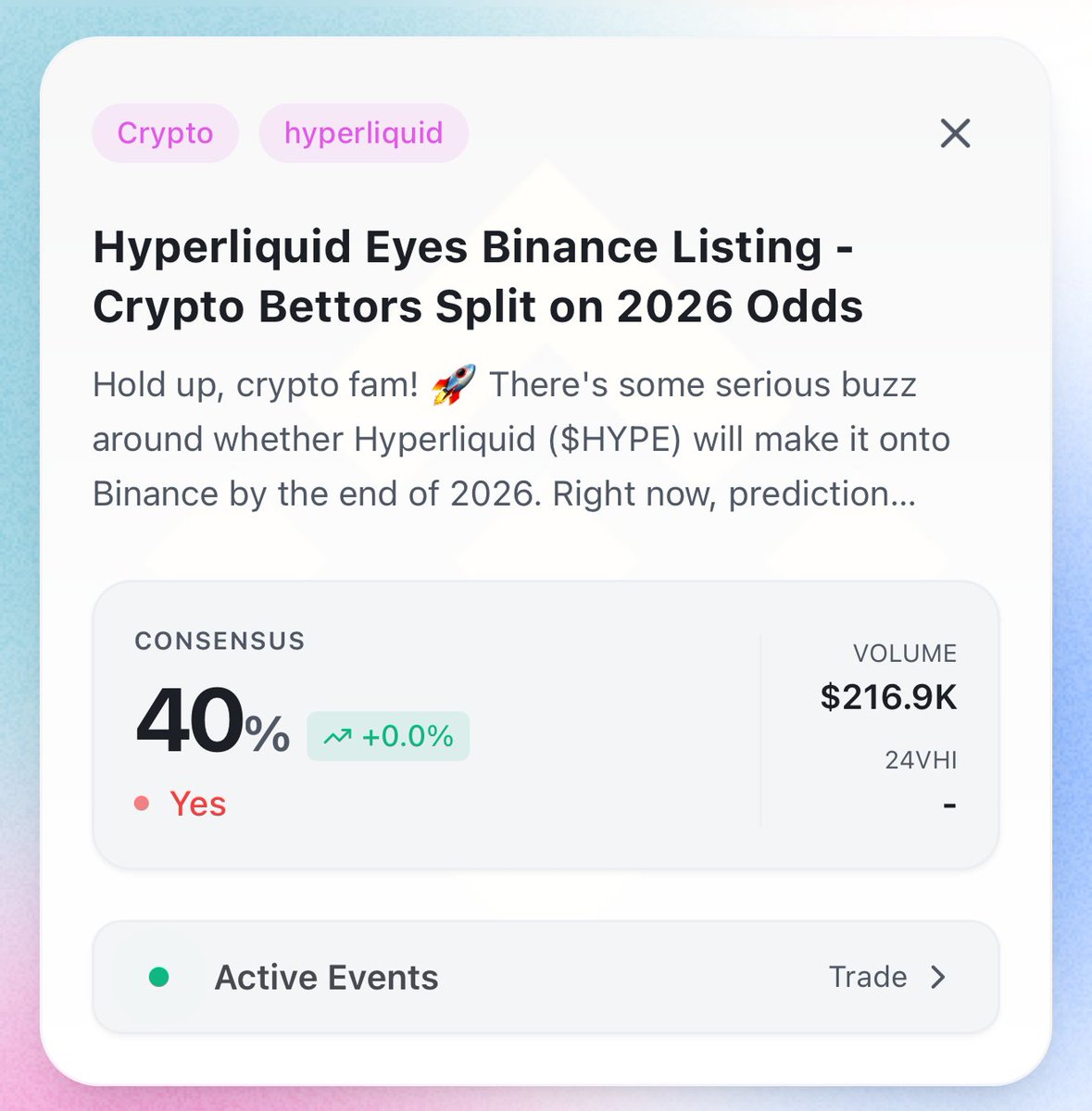 Prediction markets currently price Hyperliquid at a 42.5% chance of  securing a #Binance spot listing by December 2026. The odds say maybe. The  trend is worth watching. Track how probabilities move, across