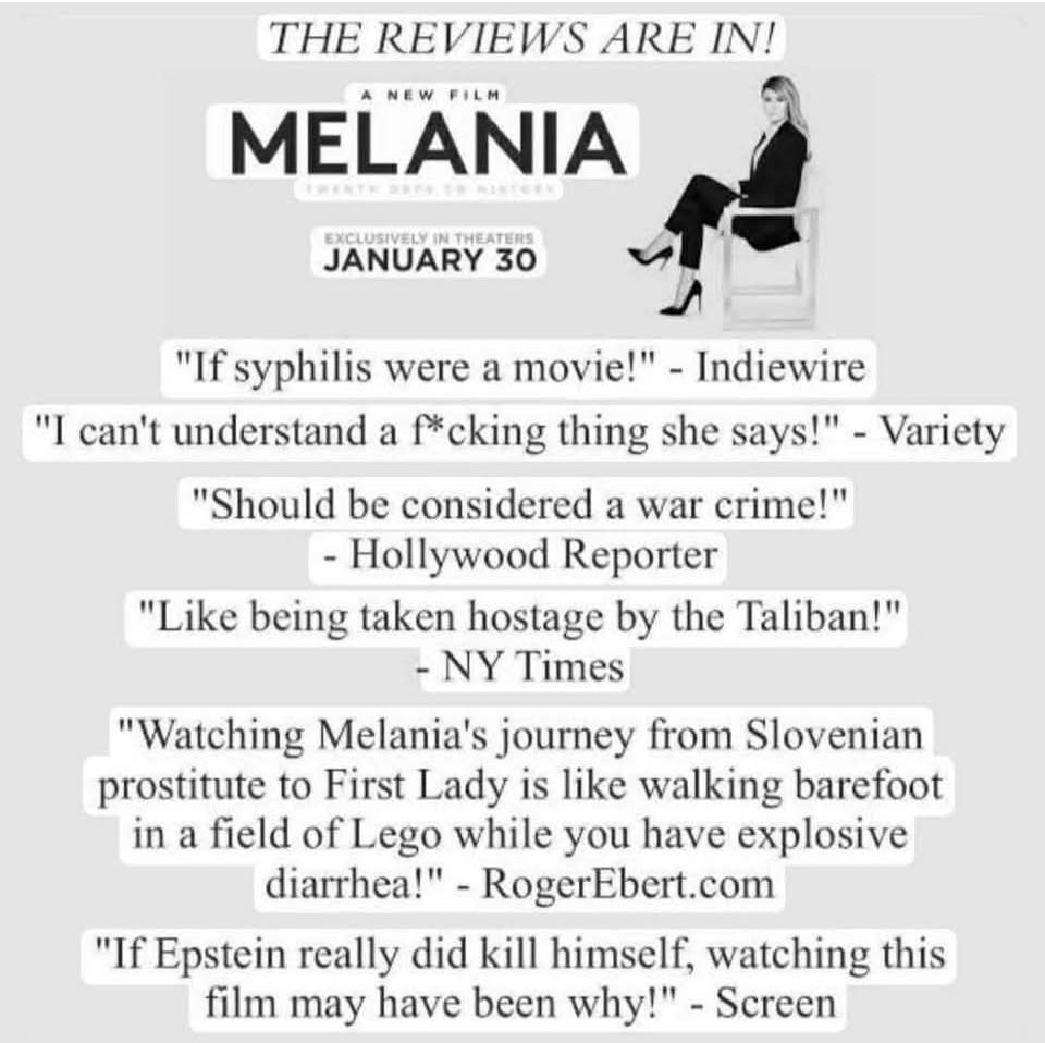<a href="/FirstLadyOffice/">Office of the First Lady</a> <a href="/NYSE/">NYSE 🏛</a> <a href="/FLOTUS/">First Lady Melania Trump</a> And check out her movie. The reviews are great: