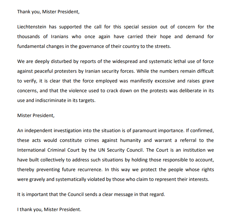 Amnesty International welcomes the statement of Lichtenstein. All member states of the UN must  call on the UN Security Council to refer the Iran situation to the International Criminal Court (ICC).