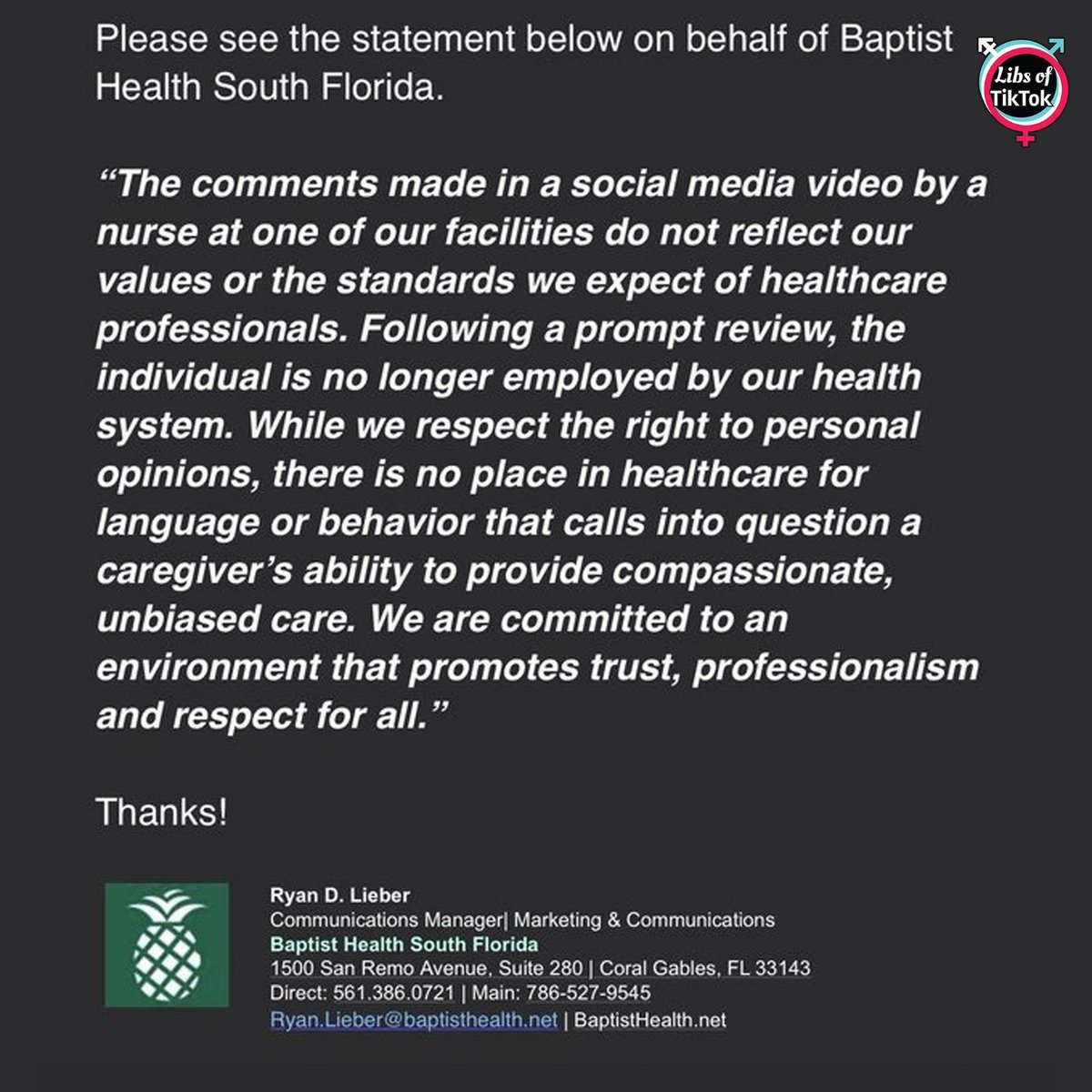 BREAKING UPDATE: The <a href="/BaptistHealthSF/">Baptist Health</a> nurse who wants Press Secretary Karoline Leavitt to suffer a severe 4th-degree tear during childbirth is "NO LONGER EMPLOYED."

"There is no place in healthcare for language or behavior that calls into question a caregiver's ability to