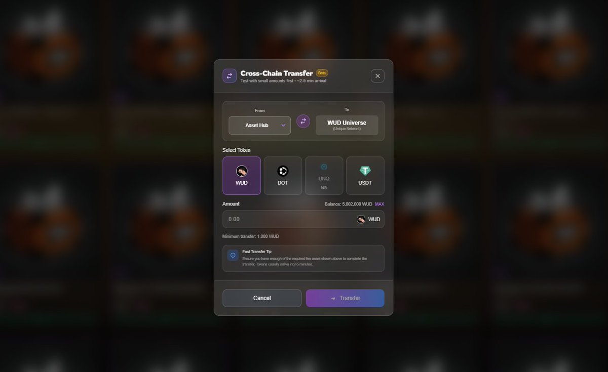 Simply visit the WUD Universe Marketplace and click on the "Cross-Chain (XCM)" button at the top and get swapping.

👉 wuduniverse.xyz/marketplace