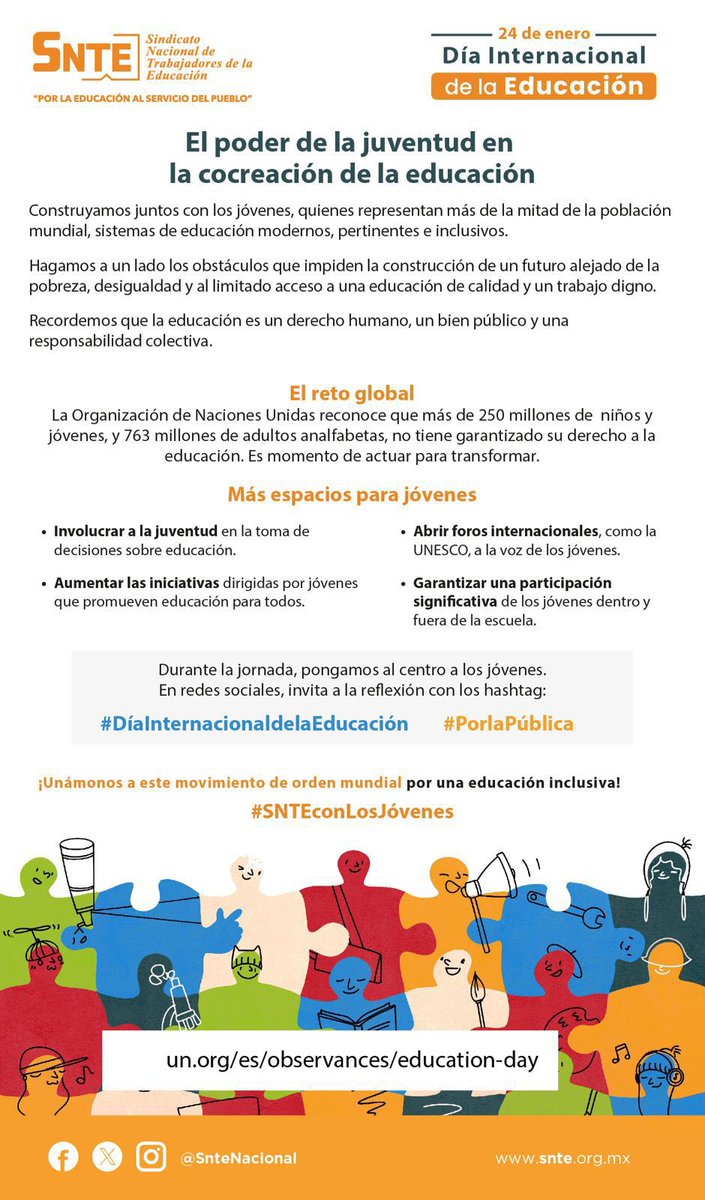 En el Día Internacional de la Educación, 📚 transformemos el futuro construyendo sistemas inclusivos y modernos junto a la fuerza de los jóvenes.💪 ¡La educación es un derecho universal! 🌎 
#SNTEconLosJóvenes