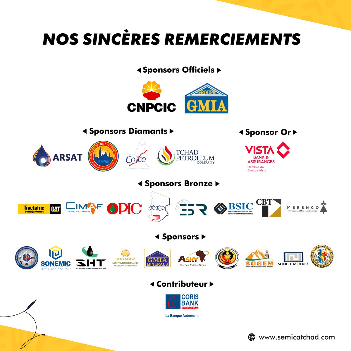 SemicaMining's tweet photo. Le SEMICA Tchad 2026 adresse ses sincères remerciements à l’ensemble de ses sponsors pour leur confiance et leur engagement.
Par leur soutien, ils contribuent activement au rayonnement de cette plateforme stratégique dédiée aux industries extractives africaines.
#SEMICATCHAD2026 https://t.co/zrMrnFmj1M