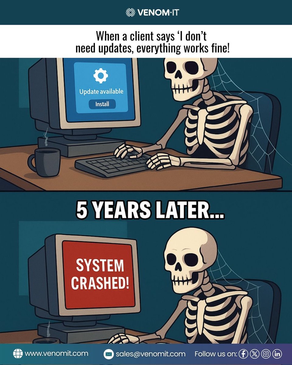 Skipping updates is like skipping health checkups. <a href="/VenomIT/">Venom IT</a> manages your IT maintenance, security, and uptime end to end. 

To know more, visit venomit.com

#VenomIT #SoftwareCompanyManchester