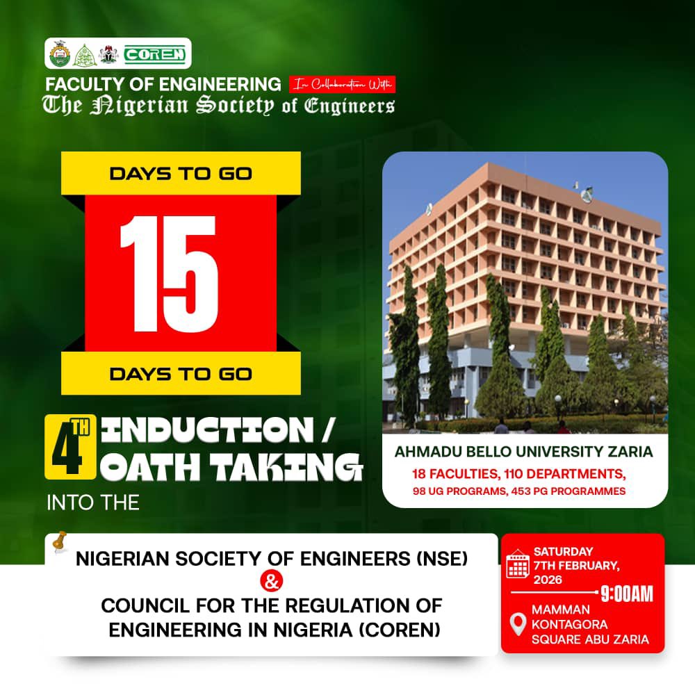 nuesa_abuzaria's tweet photo. 🚨 15 DAYS TO GO! 🚨
The countdown is officially on ⏳
Join us as we welcome a new generation of engineers into the profession at the 4th Induction & Oath Taking Ceremony.
#ABUEngineering
#NSE
#COREN
#EngineeringInduction
#FutureEngineers
#ABUZaria
#15DaysToGo https://t.co/cqvxxyWiwy